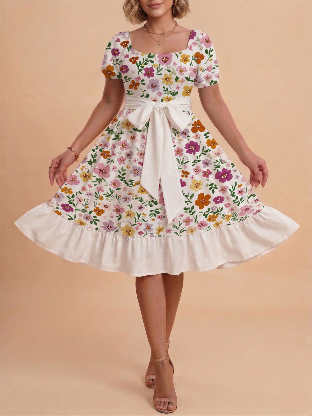 Damen Midikleid mit verspieltem Druck und tailliertem Schnitt R&B