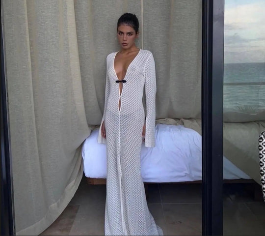 Damen Luxuriöses Netzkleid mit tiefem V-Ausschnitt und langen Ärmeln R&B
