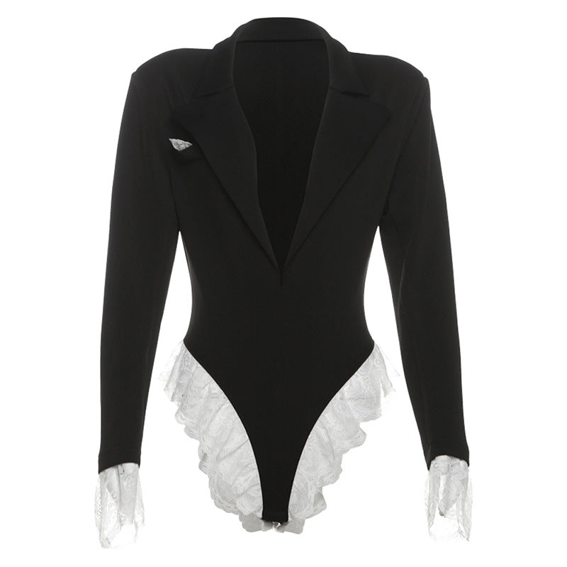 Damen Body mit raffiniertem Blazer-Stil und Spitzenbesatz R&B