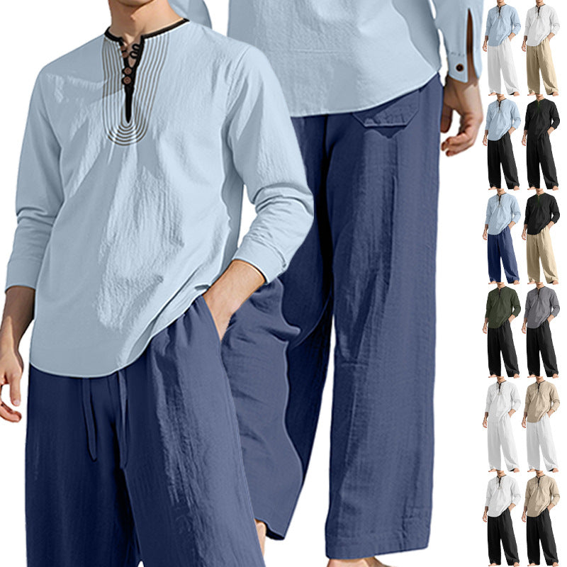 Herren nan Tunika- und Palazzohose-Set mit Henley-Blende, Zierstickerei und weitem Schnitt R&B