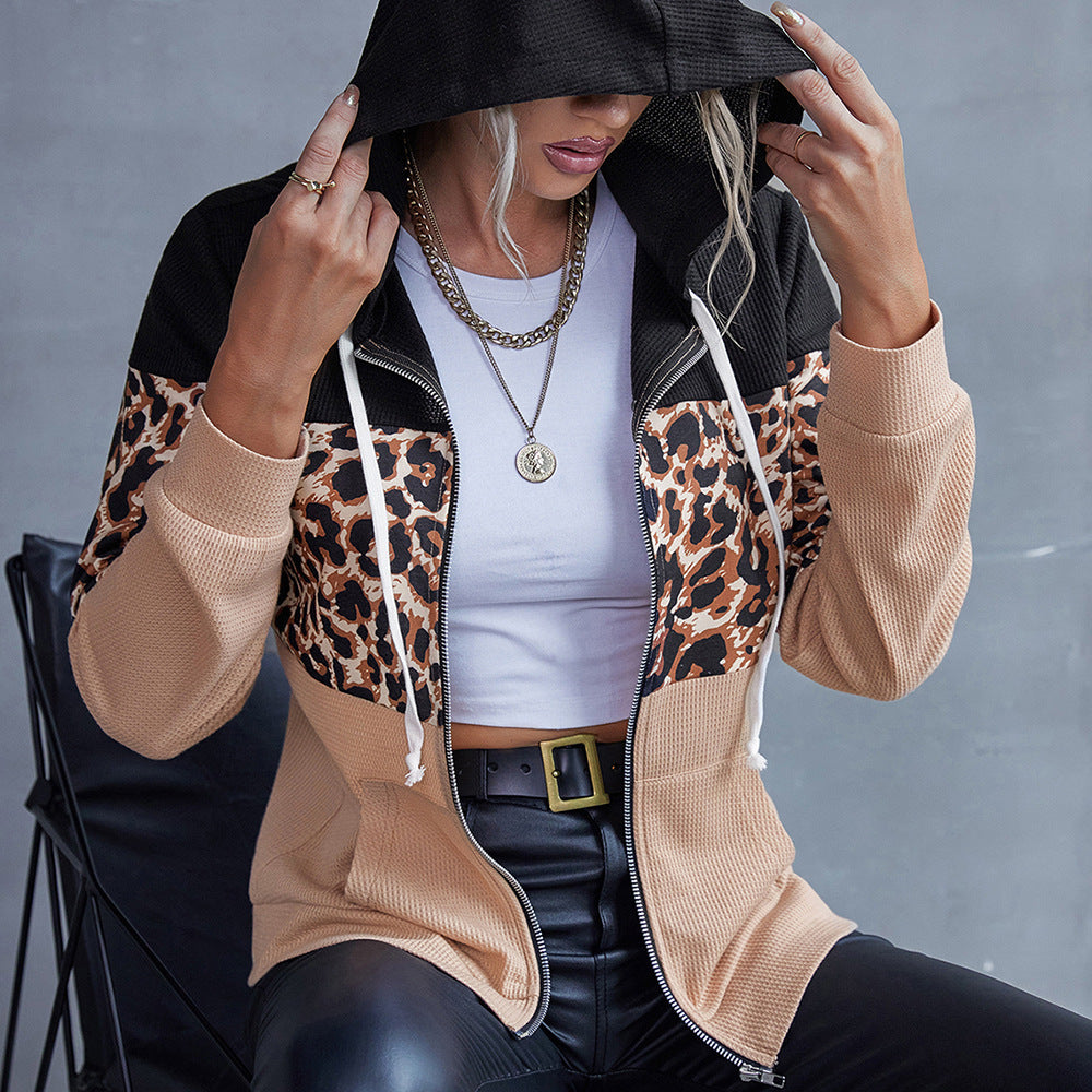 Damen modische Kapuzenjacke mit Tierdruck und kontrastierenden Ärmeln R&B