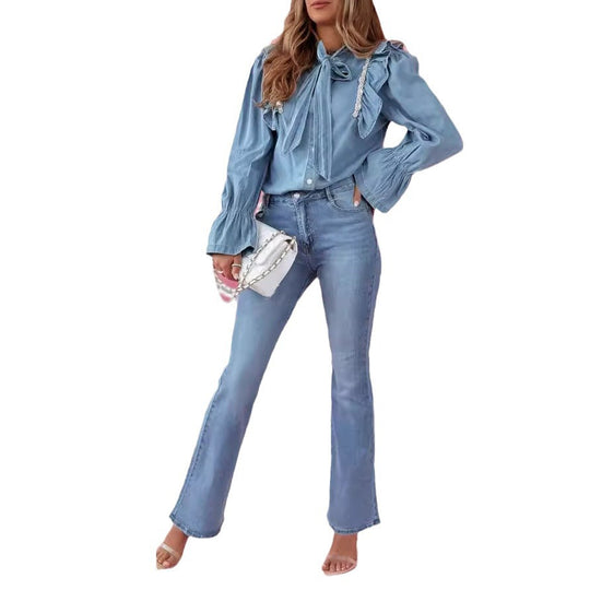 Damen Denim Hemd mit Rüschen und Schleifen-Details R&B