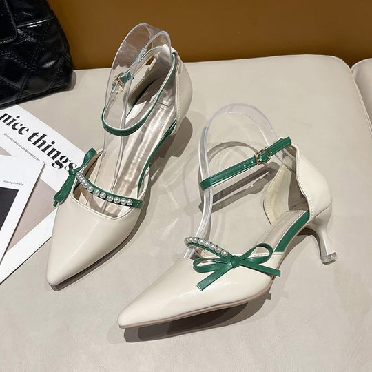 Damen elegante Pumps mit transparentem Fesselriemen und dekorativen Perlen R&B