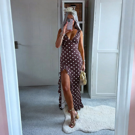 Damen Maxikleid mit eleganten Rüschen und tiefem V-Ausschnitt R&B
