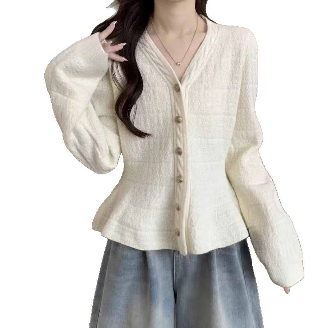 Damen elegante Strickjacke mit strukturiertem Design und femininen Puffärmeln R&B