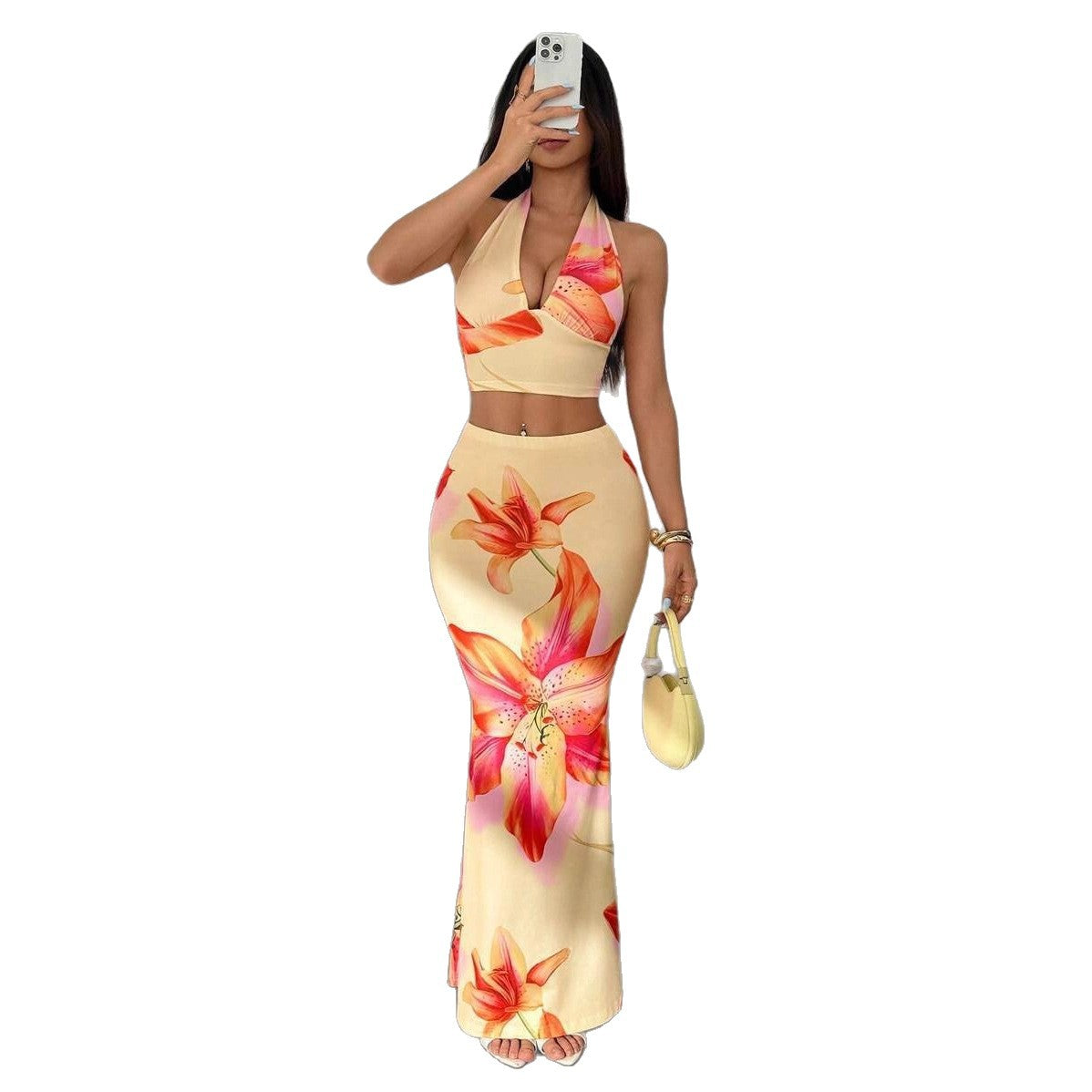 Damen Zweiteiliges Sommeroutfit mit floralem Design und elegantem V-Ausschnitt R&B