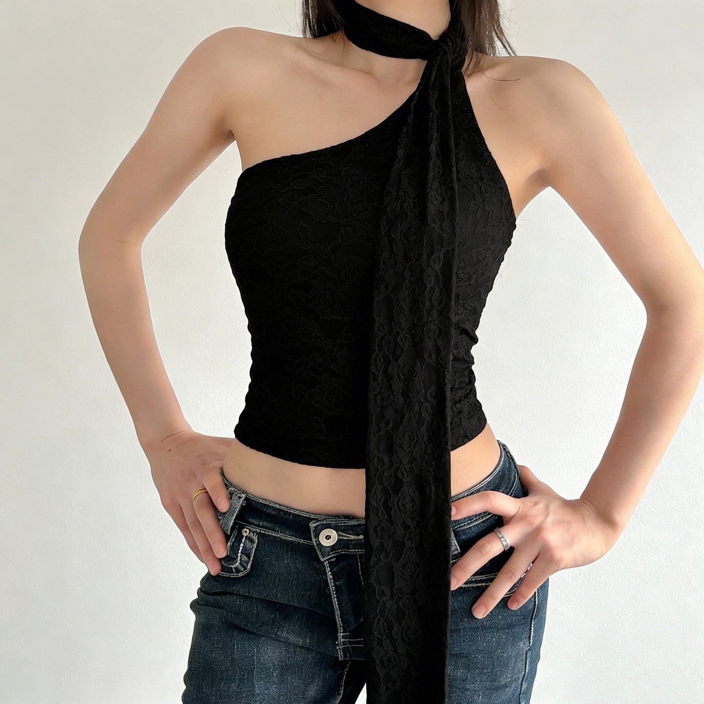 Damen asymmetrisches Top mit schickem Halsteil R&B