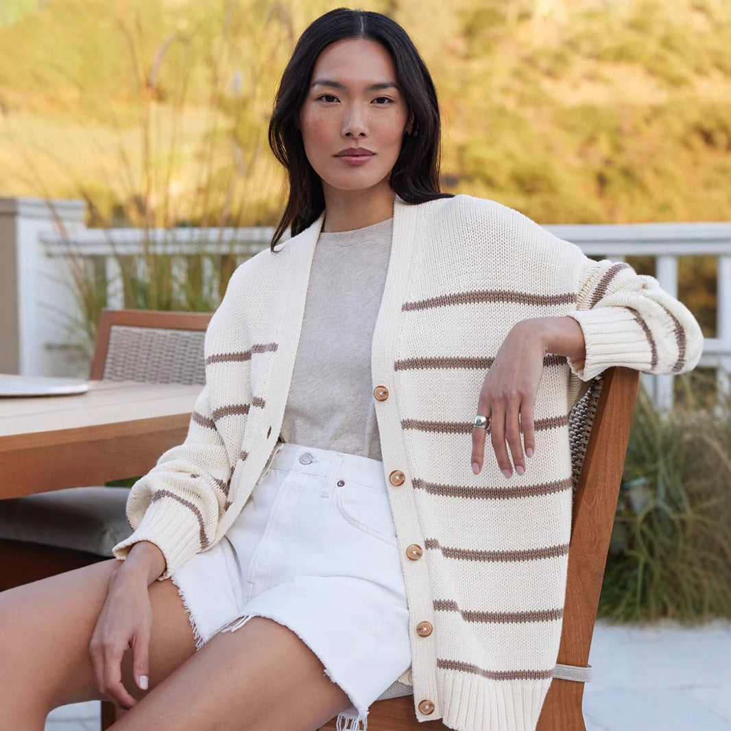 Damen Strickcardigan mit V-Ausschnitt und groben Streifen R&B