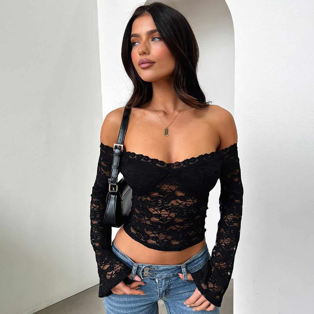 Damen Spitzentop mit Schulterfreiem Design und Volantärmeln R&B
