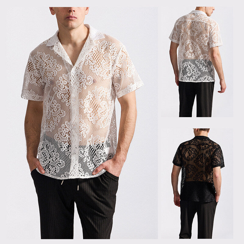 Herren Designer-Hemd aus transparentem Häkelmaterial mit floralem Muster
