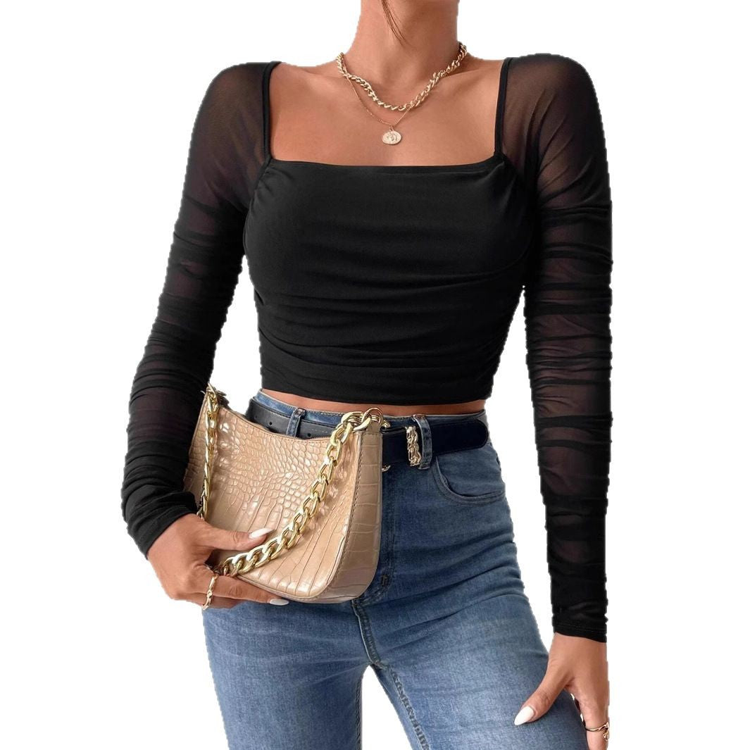 Damen Cropped Oberteil mit transparenten Ärmeln R&B