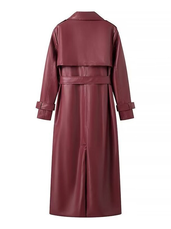 Damen Kunstleder-Trenchcoat mit taillierbarem Gürtel und schickem Kragen R&B