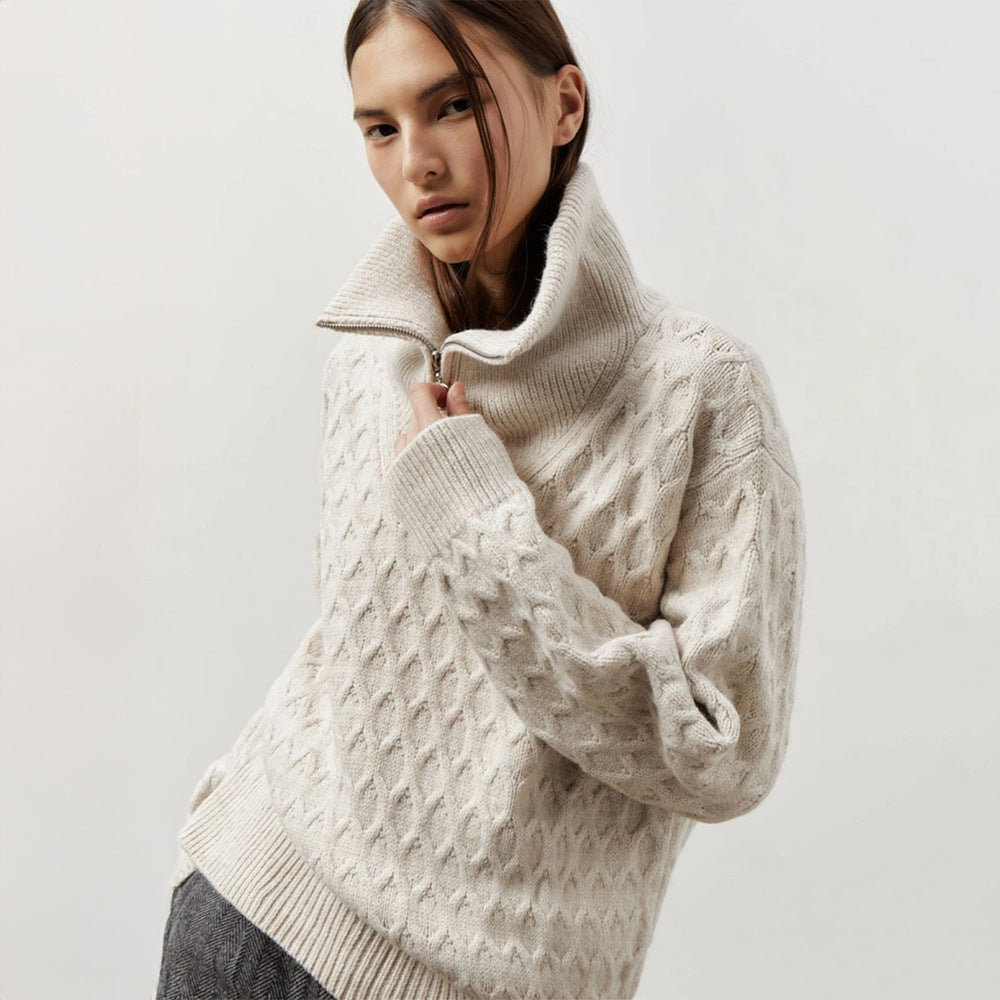 Damen Gemusterter Strickpullover mit hohem Kragen und Halbreißverschluss R&B