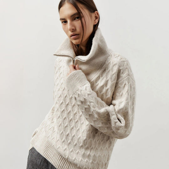 Damen Gemusterter Strickpullover mit hohem Kragen und Halbreißverschluss R&B