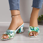 Damen Offene Mules mit floralem Muster und komfortablem Blockabsatz R&B