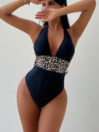 Damen Einteiliger Badeanzug mit tiefem V-Ausschnitt und stilvollem Leoparden-Design R&B
