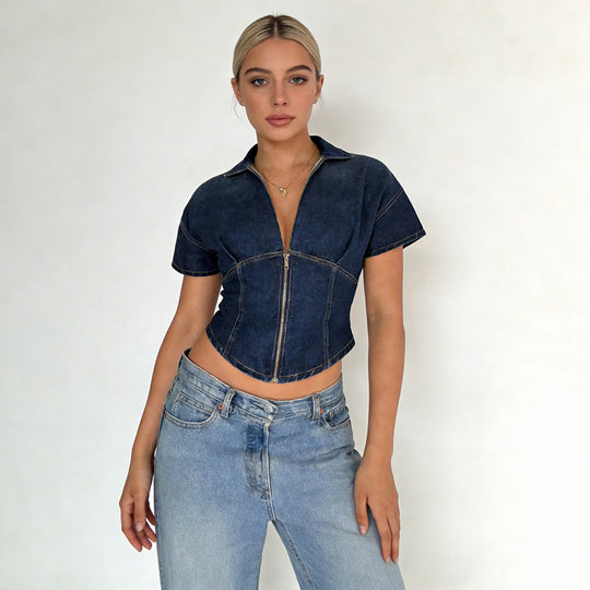 Damen Jeansblusenjacke mit stylischem Zipper und modischem Schnitt R&B