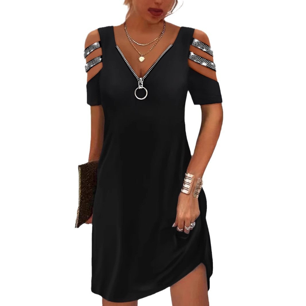 Damen Trendiges Kleid mit schulterfreien Ärmeln und Reißverschlussdetails R&B