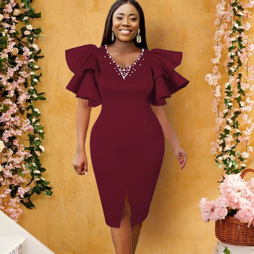 Damen Figurbetontes Kleid mit voluminösen Rüschenschultern und funkelnden Akzenten R&B