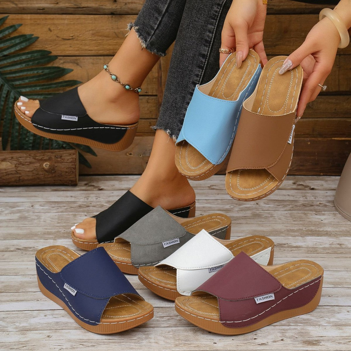Damen Wedge-Pantoletten mit modischem Riemendesign und komfortablem Fußbett R&B 1779863329