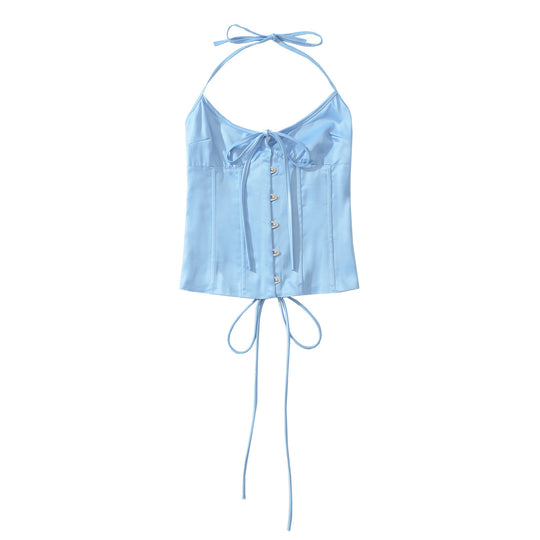 Damen Satin-Nachtkleid mit dekorativen Bindebändern und Knopfleiste R&B