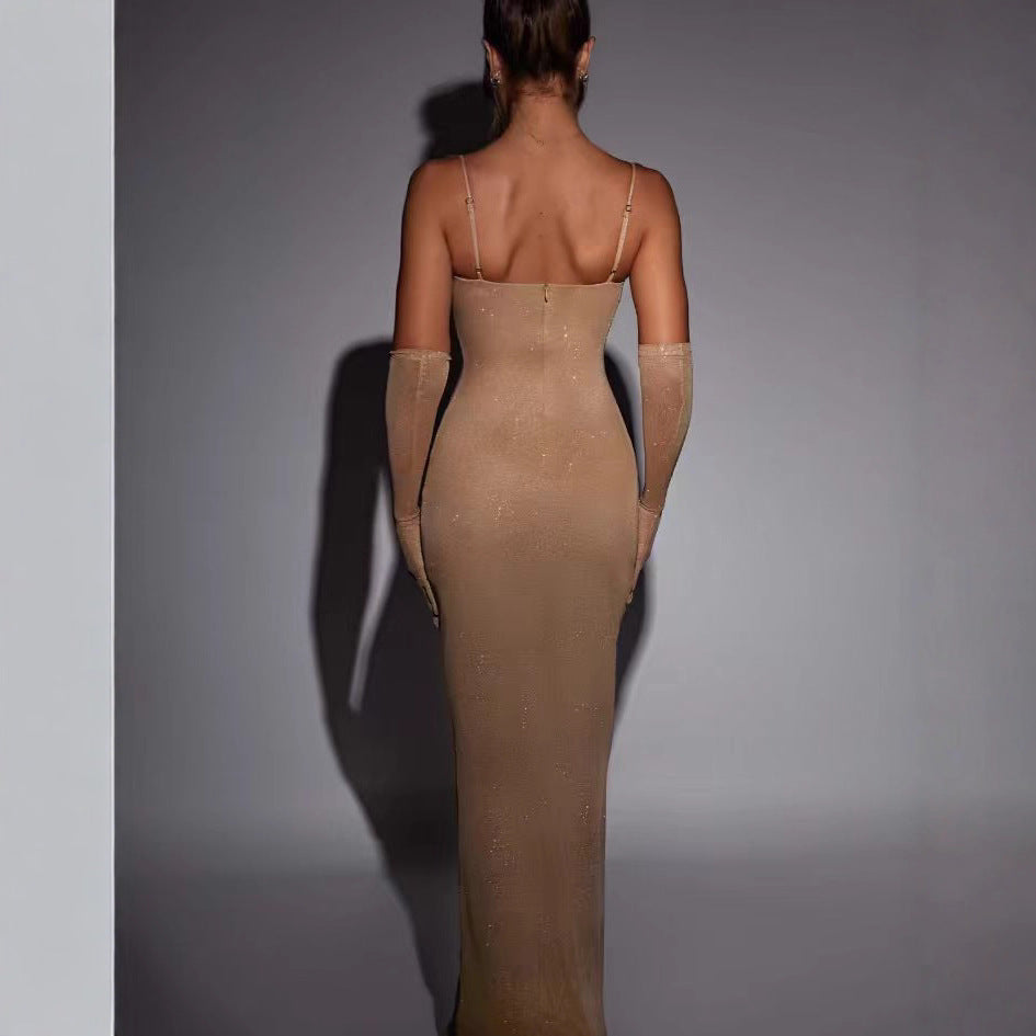 Damen Glamouröses Maxikleid mit transparenten Ärmeln und figurbetontem Schnitt R&B