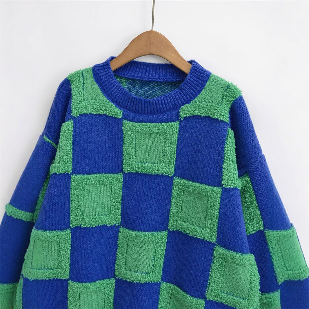 Damen modischer Strickpullover mit grafischem Blockmuster R&B