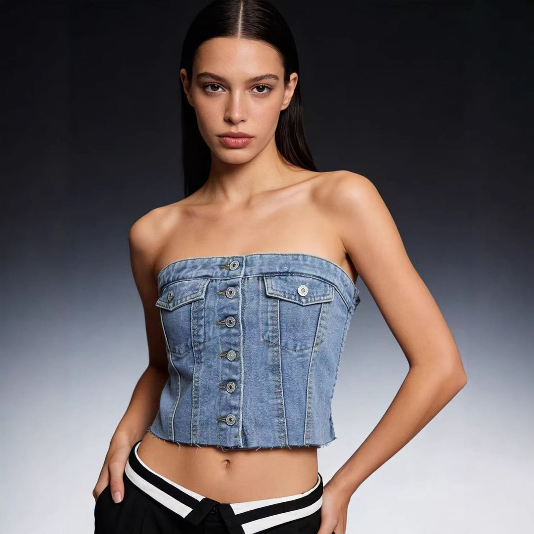 Damen Denim Bustier-Top mit Knopfdetail und Fransen R&B