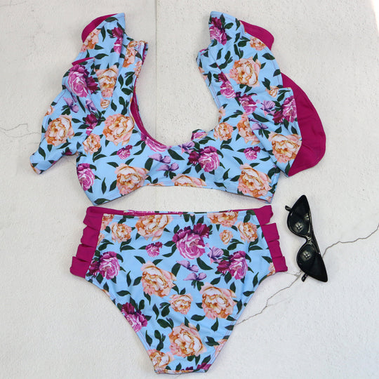 Damen Bikini-Set mit Rüschendetails und floralem Muster R&B