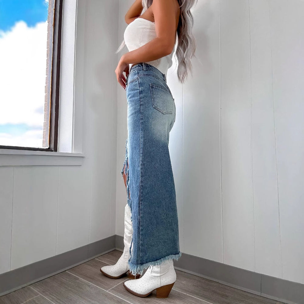 Damen Jeansrock mit asymmetrischem Schlitz und Fransensaum R&B