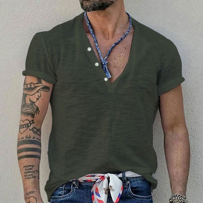 Herren Kurzarm Henley-Shirt mit dekorativen Knöpfen und atmungsaktiver Struktur R&B