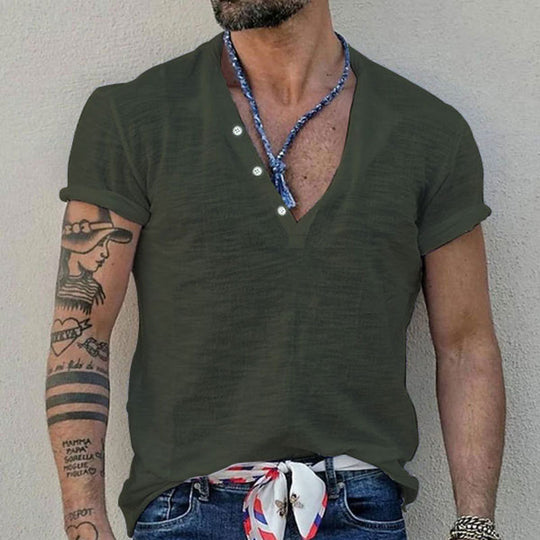 Herren Kurzarm Henley-Shirt mit dekorativen Knöpfen und atmungsaktiver Struktur R&B
