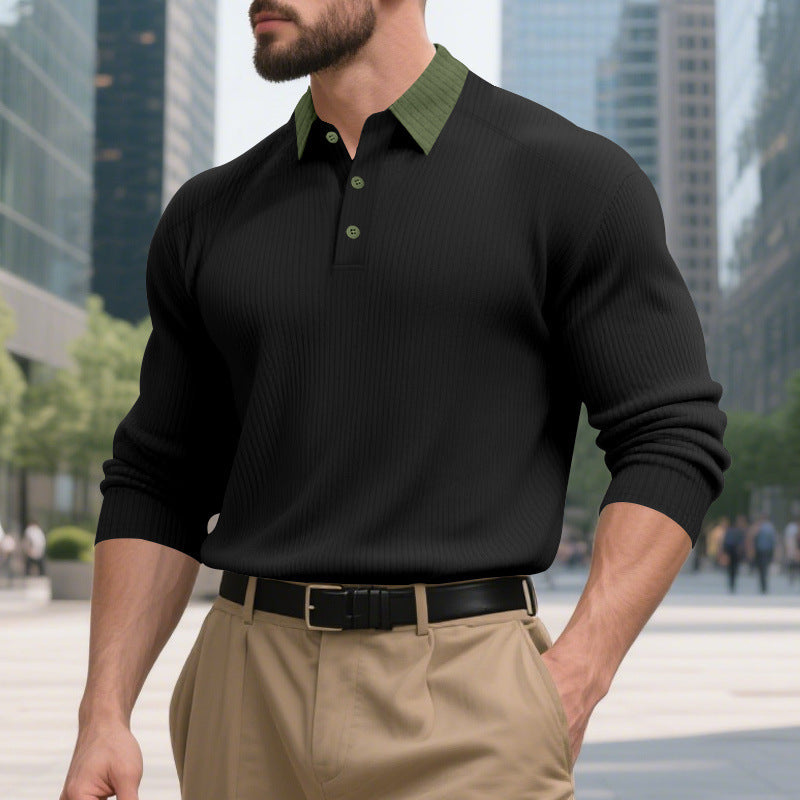 Herren lässiges Langarm-T-Shirt mit strukturiertem Stoff und modischem Kragen R&B