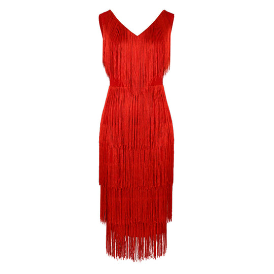 Damen elegantes Fransenkleid mit V-Ausschnitt R&B