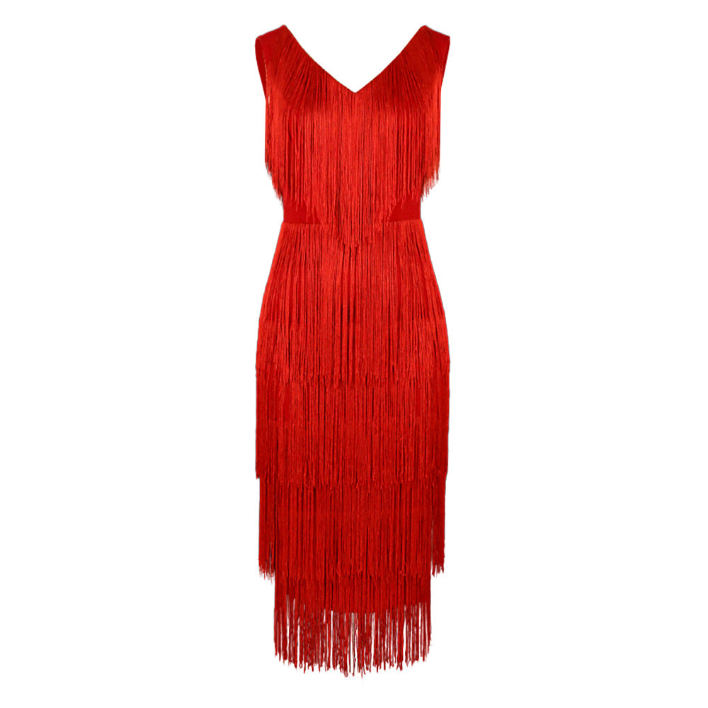 Damen Fransen Cocktailkleid mit V-Ausschnitt und schwingendem Saum R&B