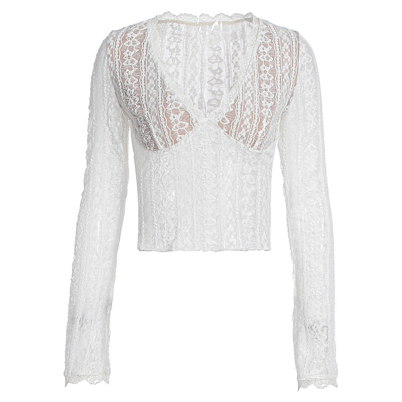 Damen Spitzenbluse mit transparentem Design und langen Ärmeln R&B