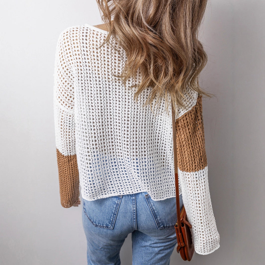 Damen luftiger Strickpullover mit modernem Netzstruktur-Design und dekorativen Kordeln