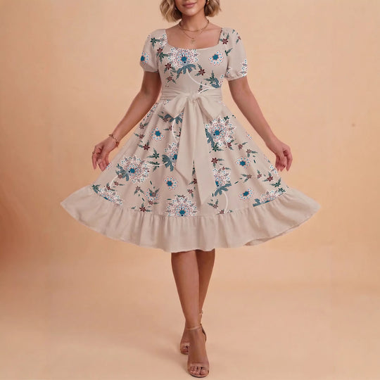 Damen Blumenkleid mit taillierbarem Gürtel und voluminösen Ärmeln R&B
