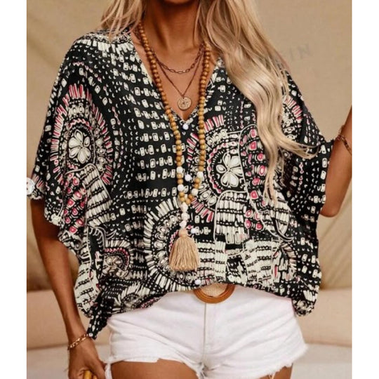 Damen Strandbluse im lässigen Boho-Stil mit bunten Mustern und voluminösen Ärmeln R&B