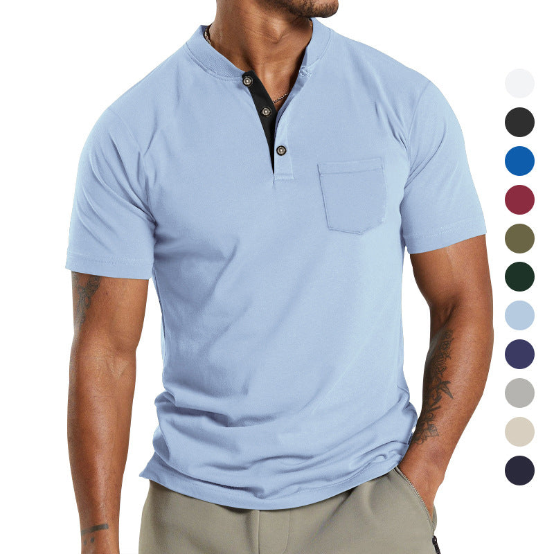 Herren Kurzarm-Henley-T-Shirt mit praktischer Brusttasche und modernem Kragen R&B