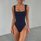 Damen eleganter Hochschnitt Badeanzug mit Quadrat-Ausschnitt R&B