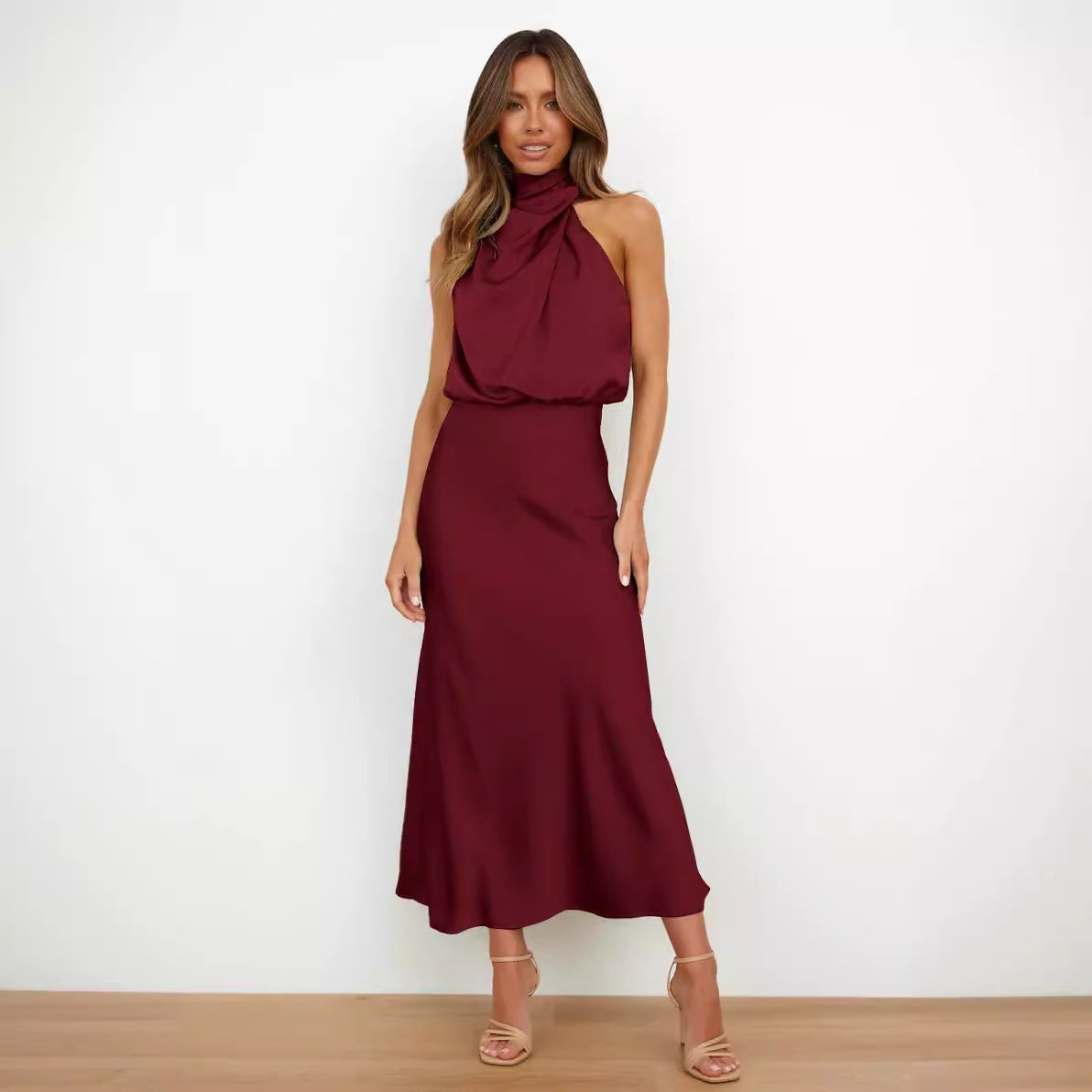 Damen Fließendes Maxikleid mit elegantem Stehkragen und Drapierung R&B