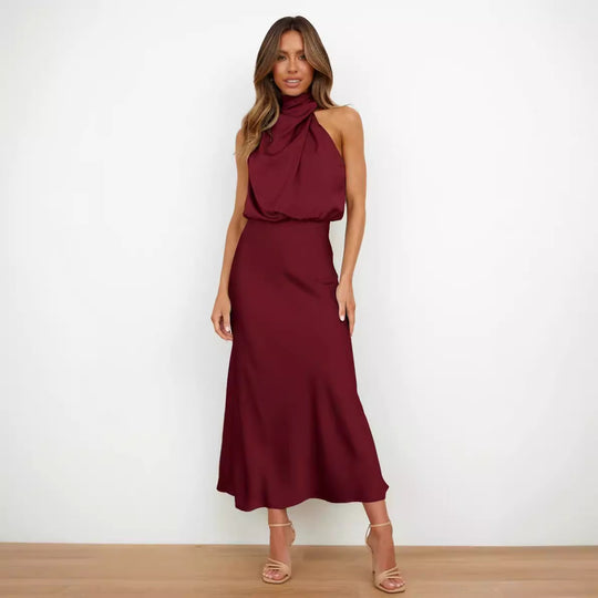 Damen Fließendes Maxikleid mit elegantem Stehkragen und Drapierung R&B