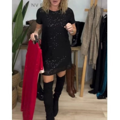 Damen nan funkelndes Shift-Minikleid mit Paillettenbesatz und transparentem Saum R&B