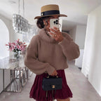 Damen Strickpullover mit hohem Kragen und voluminösen Ärmeln R&B