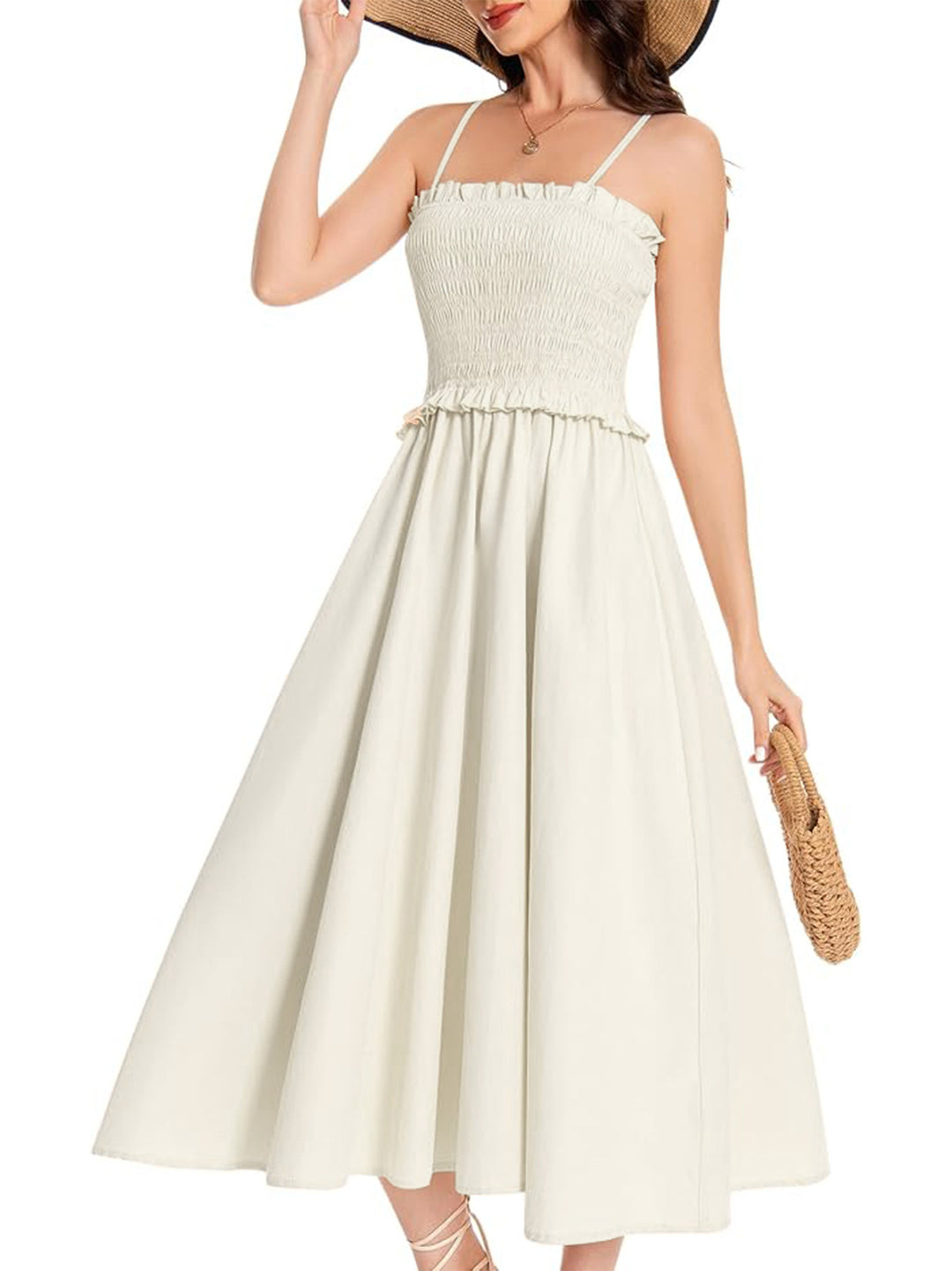 Damen Midi-Kleid mit elastischem Oberteil und weiten Rock R&B