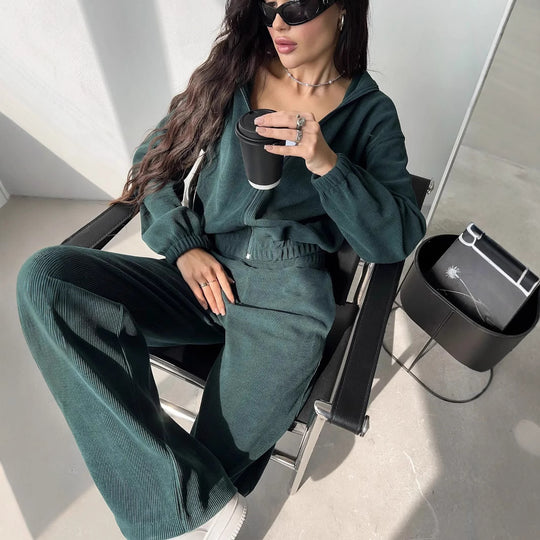 Damen lässiges Sweatset mit elastischem Bund und modernem Zipper R&B