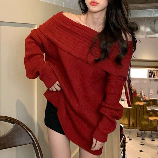 Damen Oversized Pullover mit Off-Shoulder-Schnitt R&B