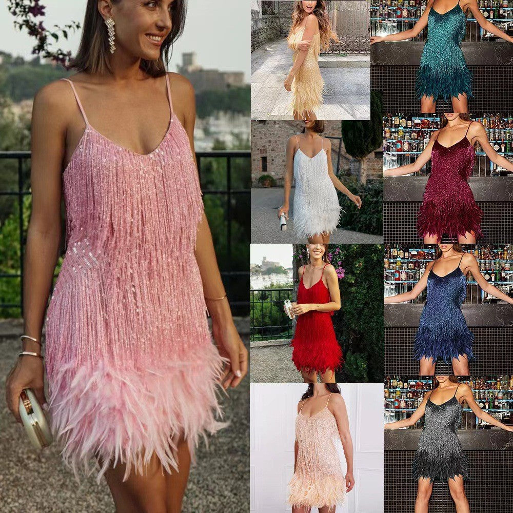 Damen Glitzerndes Abendkleid mit Federn und schimmernden Akzenten R&B