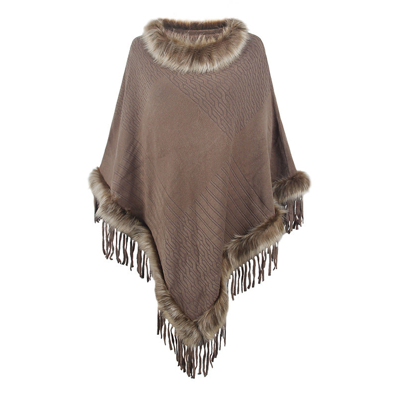 Damen eleganter Poncho mit luxuriösem Kunstfellkragen und dekadenten Fransen R&B
